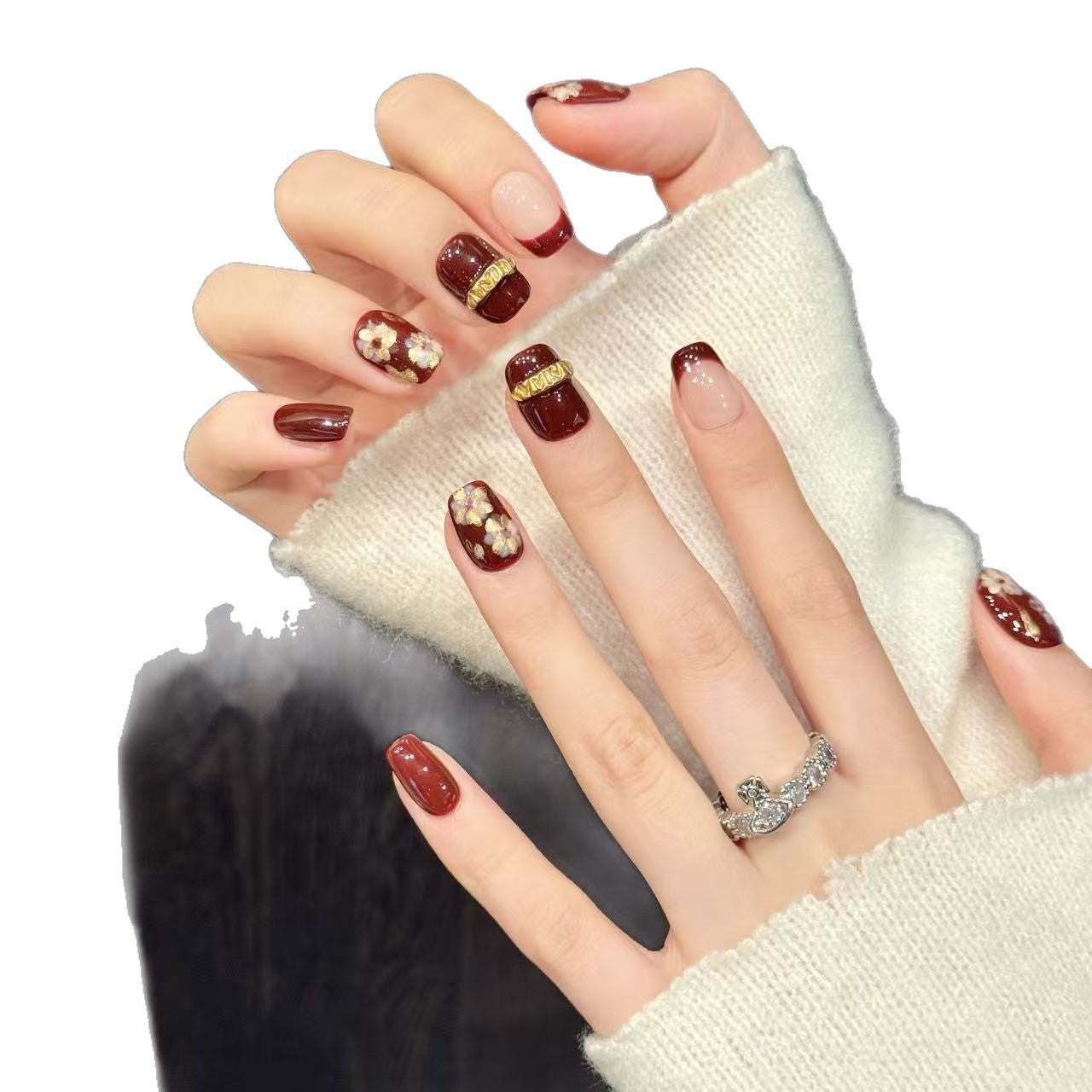 Red Floral Gold Chic Winter Nails