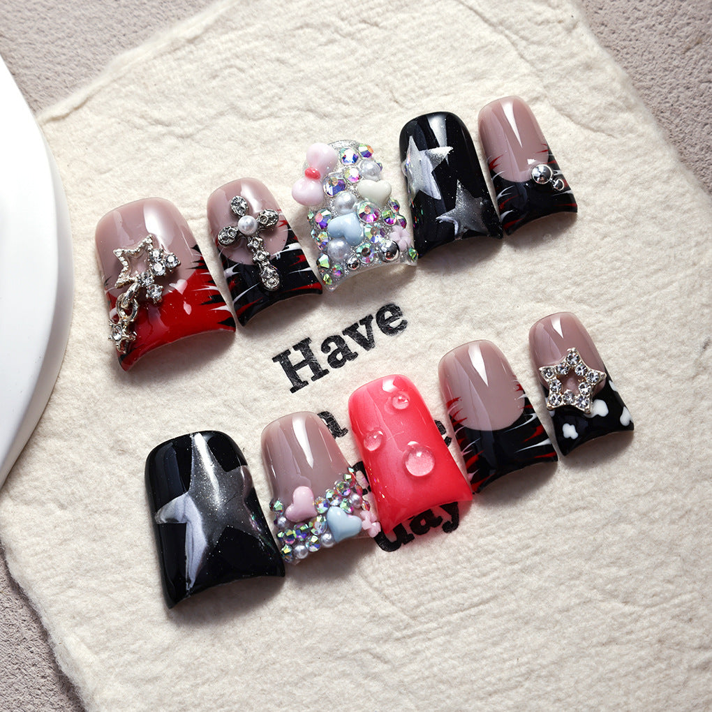 Black Red Nails with Star Cross and Crystal Accents