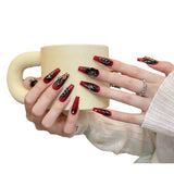 Uñas hechas a mano Gótico oscuro Escarlata Loli oscuro Rojo sangre Alas de mariposa Arte de uñas Acabado trapezoidal | 365nails