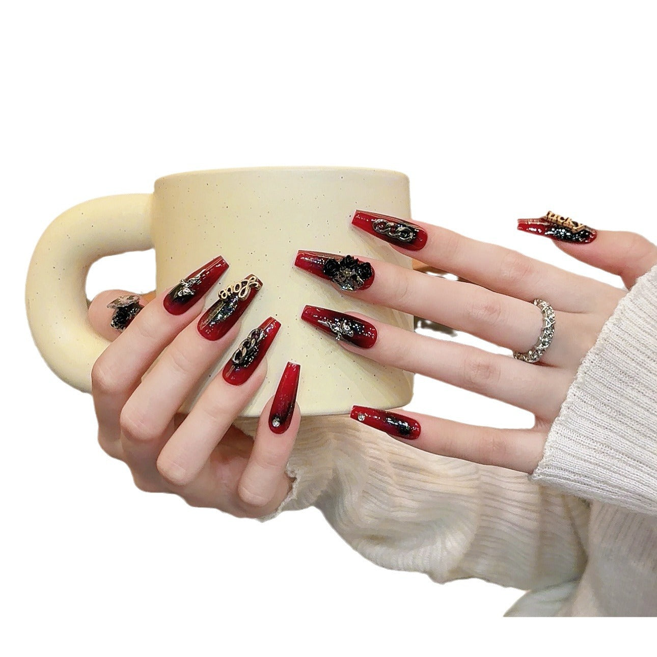 Uñas hechas a mano Gótico oscuro Escarlata Loli oscuro Rojo sangre Alas de mariposa Arte de uñas Acabado trapezoidal | 365nails