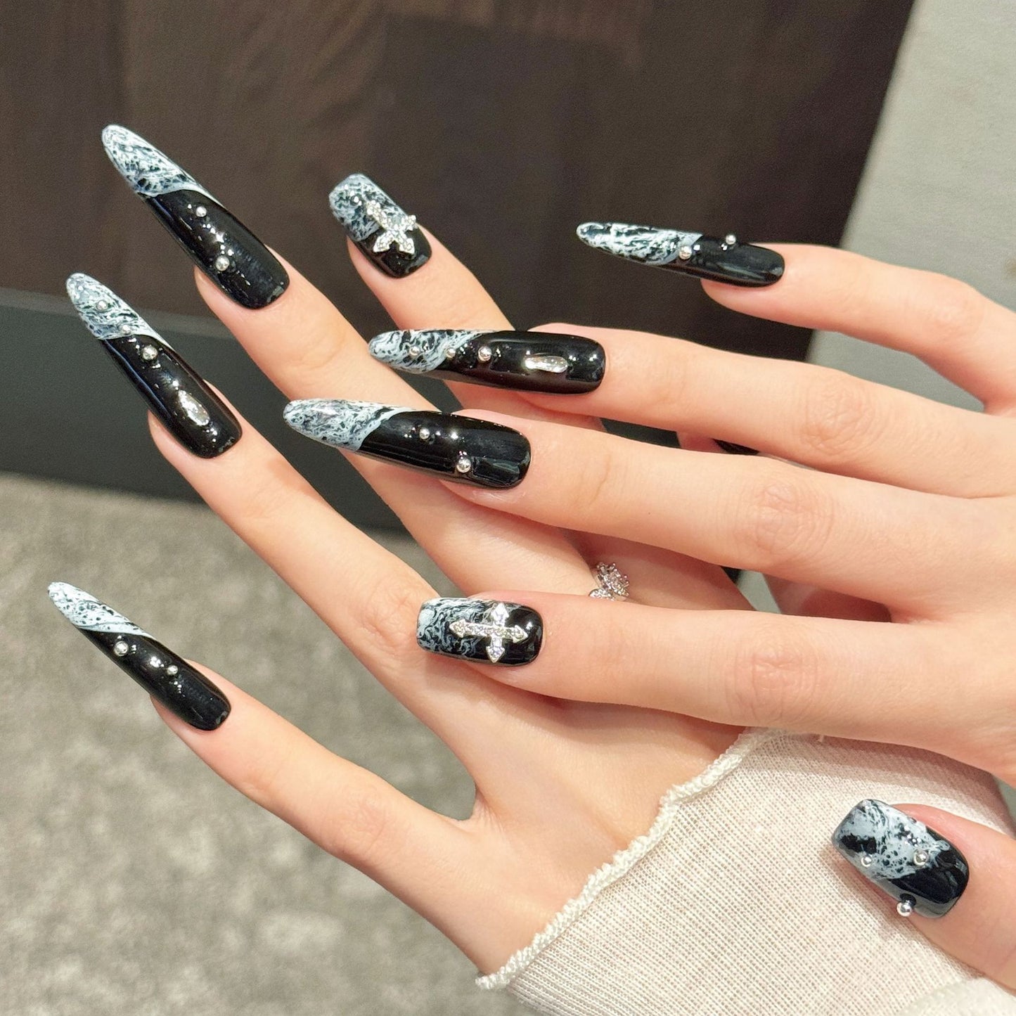 Gothic Black Night Sky Marble Cross Press-On Nails