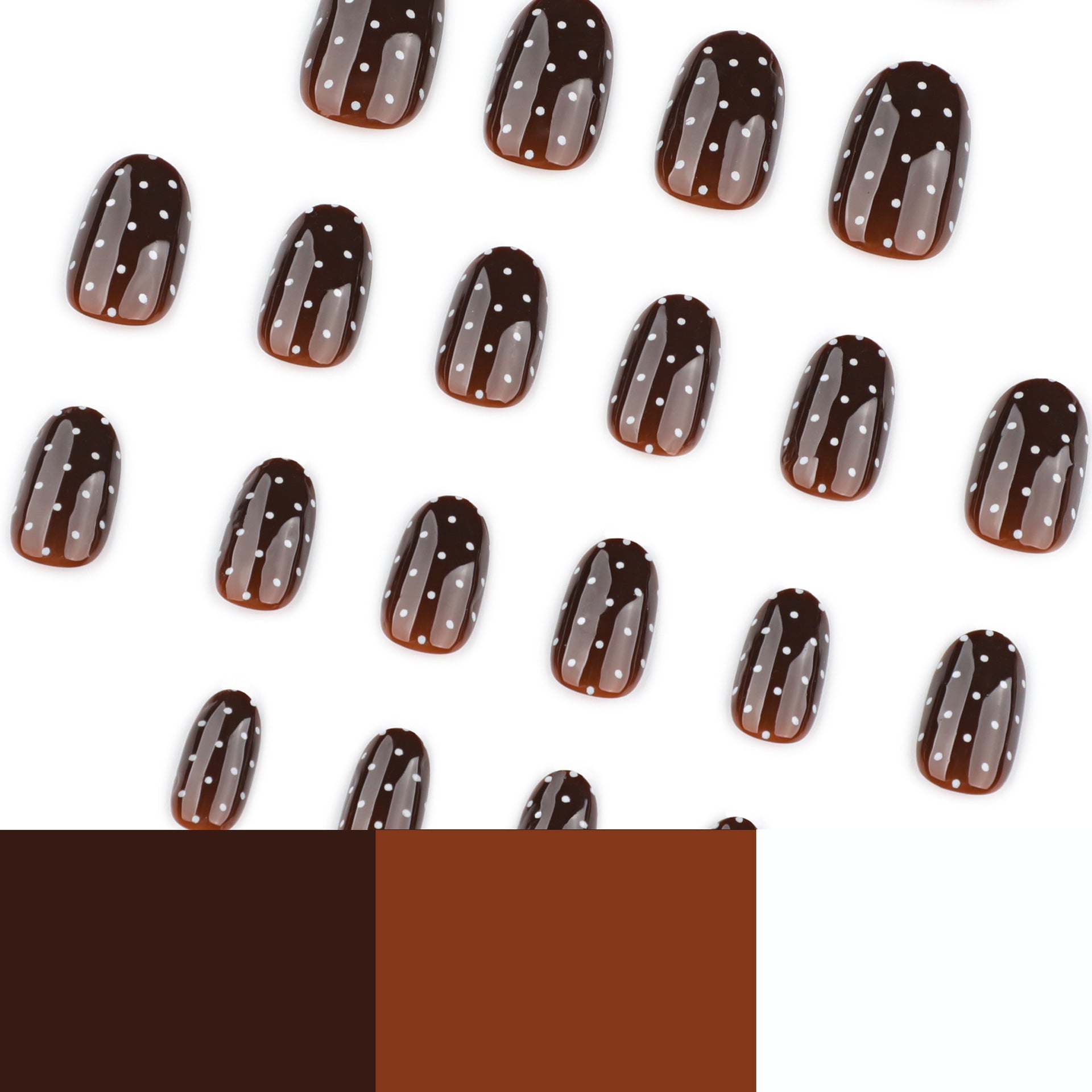 Ongles press-on marron automne‑hiver motif pois blancs, courts, forme ronde