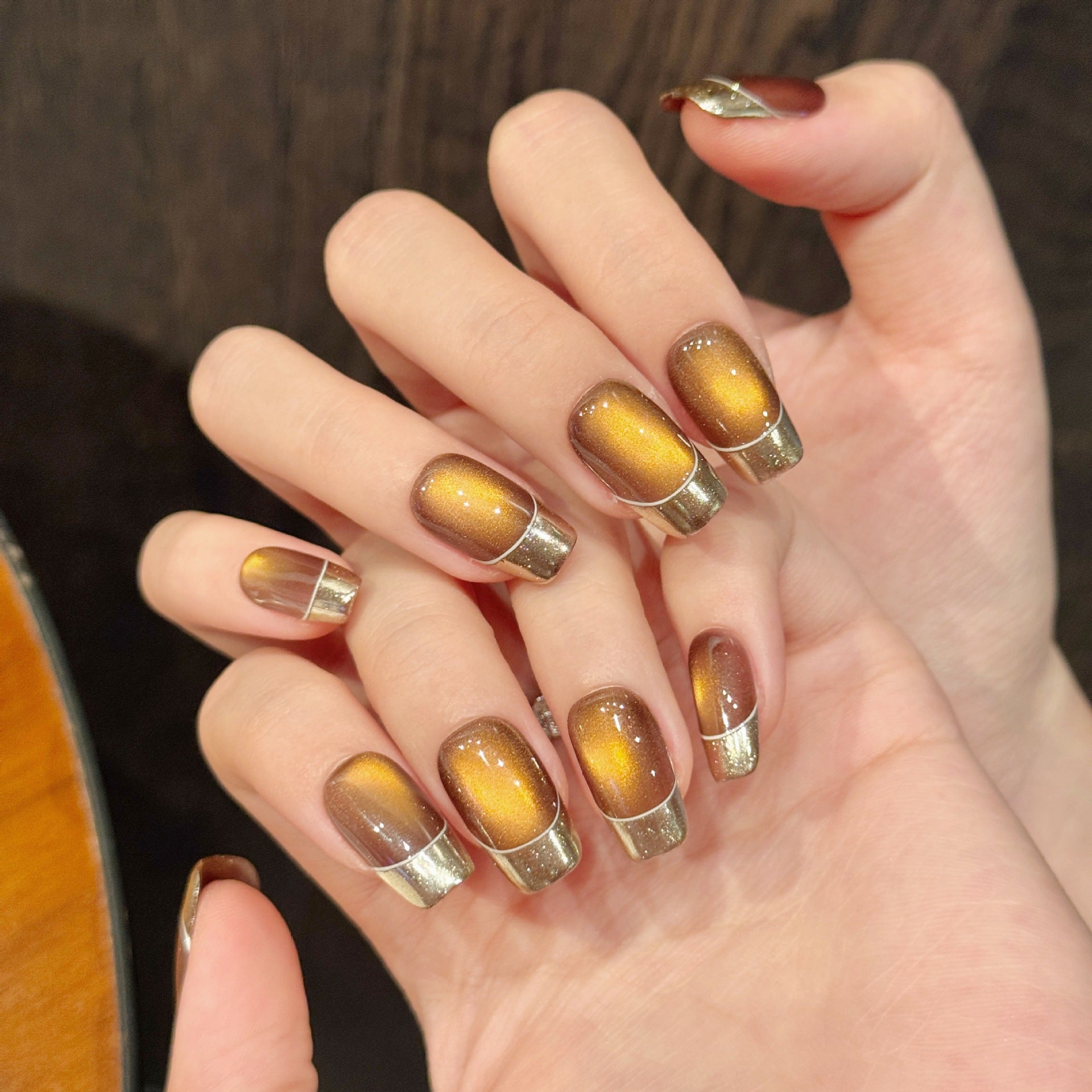 365nails: "Autumn Gold" – Mirror Chrome French Tip Handmade Short Square Nails