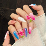 Pink Blue Floral Bright Summer Nails