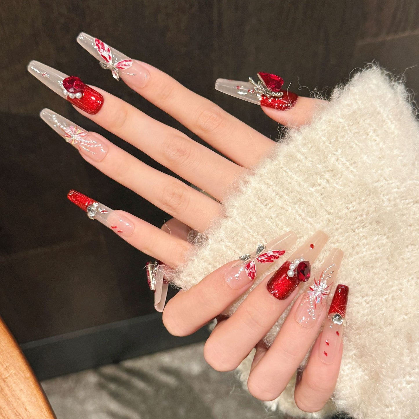 365nails: "Crimson Blossom" – Hand-Painted Floral & Gemstone Accents Press-On Nails Coffin Nails