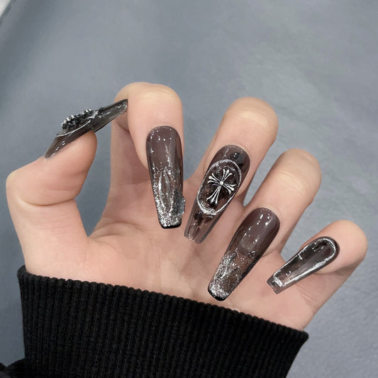 377 handmade nails, Black Punk Style Croft Heart Nail Art False Nail Phototherapy Bridal Nail Finished Product | 365nails