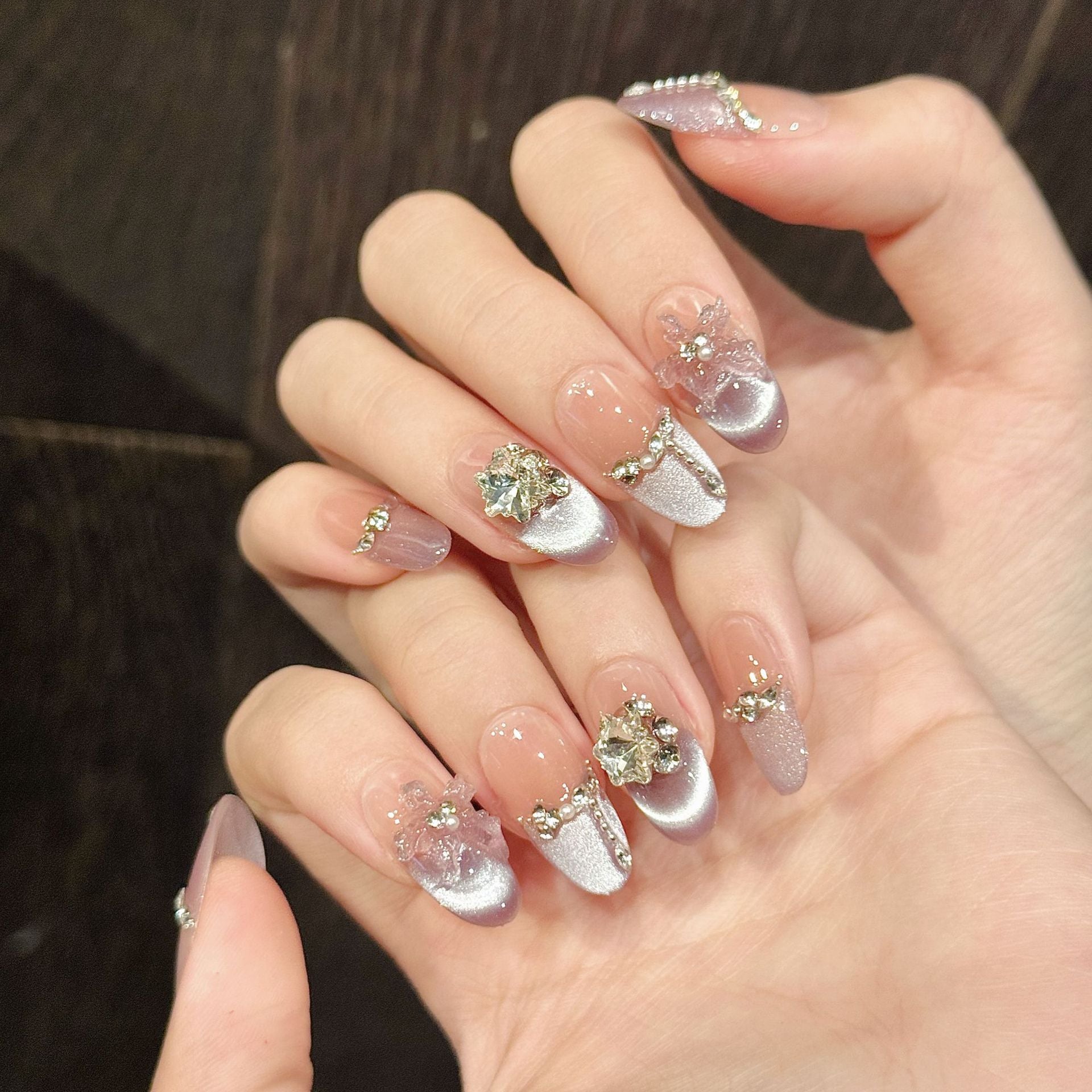 365nails: "Celestial Aura" – 3D Crystal Cluster & Iridescent French Tip Handmade Coffin Nails