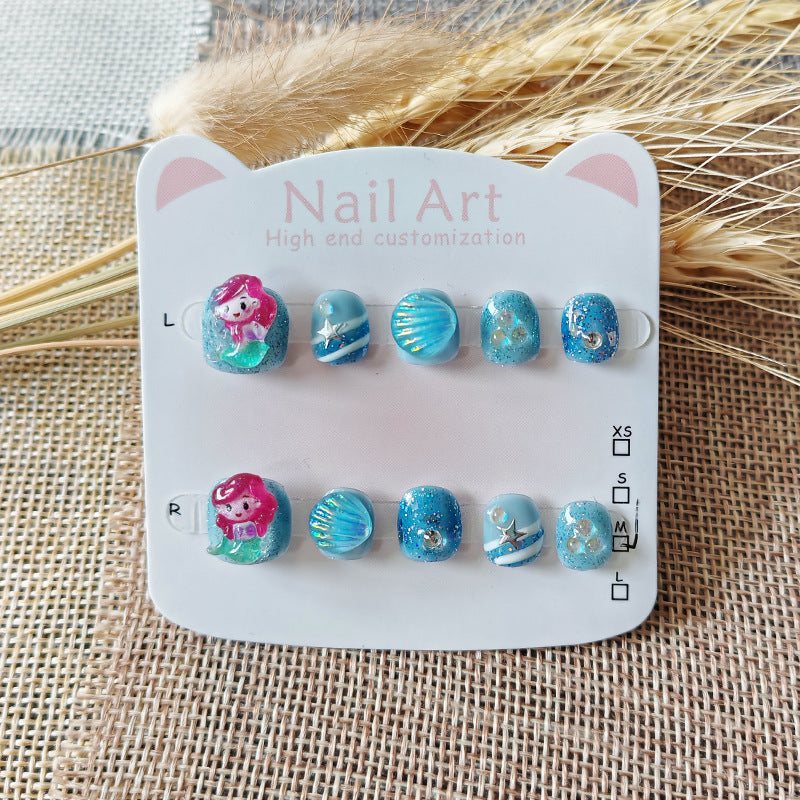 365Nails: "Mermaid Ocean Dream" – Handmade Cute Short Oval Press On Nails With Little Mermaid & Seashell Design