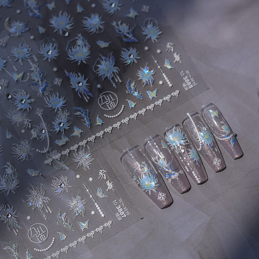 Holographic Blue Epiphyllum & Celestial Nail Sticker Set – "Celestial Epiphyllum Glow"