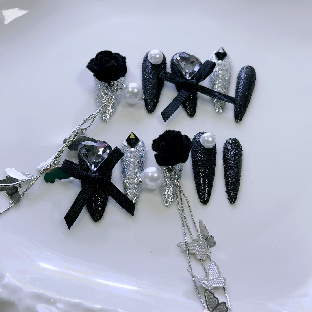 Gothic Press-On Nails with Dual-Color Roses and Silver Chrome Accents