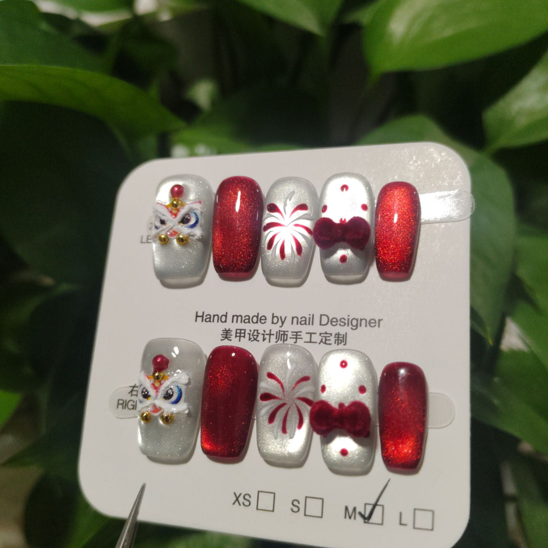 Auspicious Lion Dance: "Lion Dance Bow" – Square Shape Handmade Press-On Nails