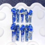 Ocean Blue Rose Sculpted Crystal Fantasy Press On Nails