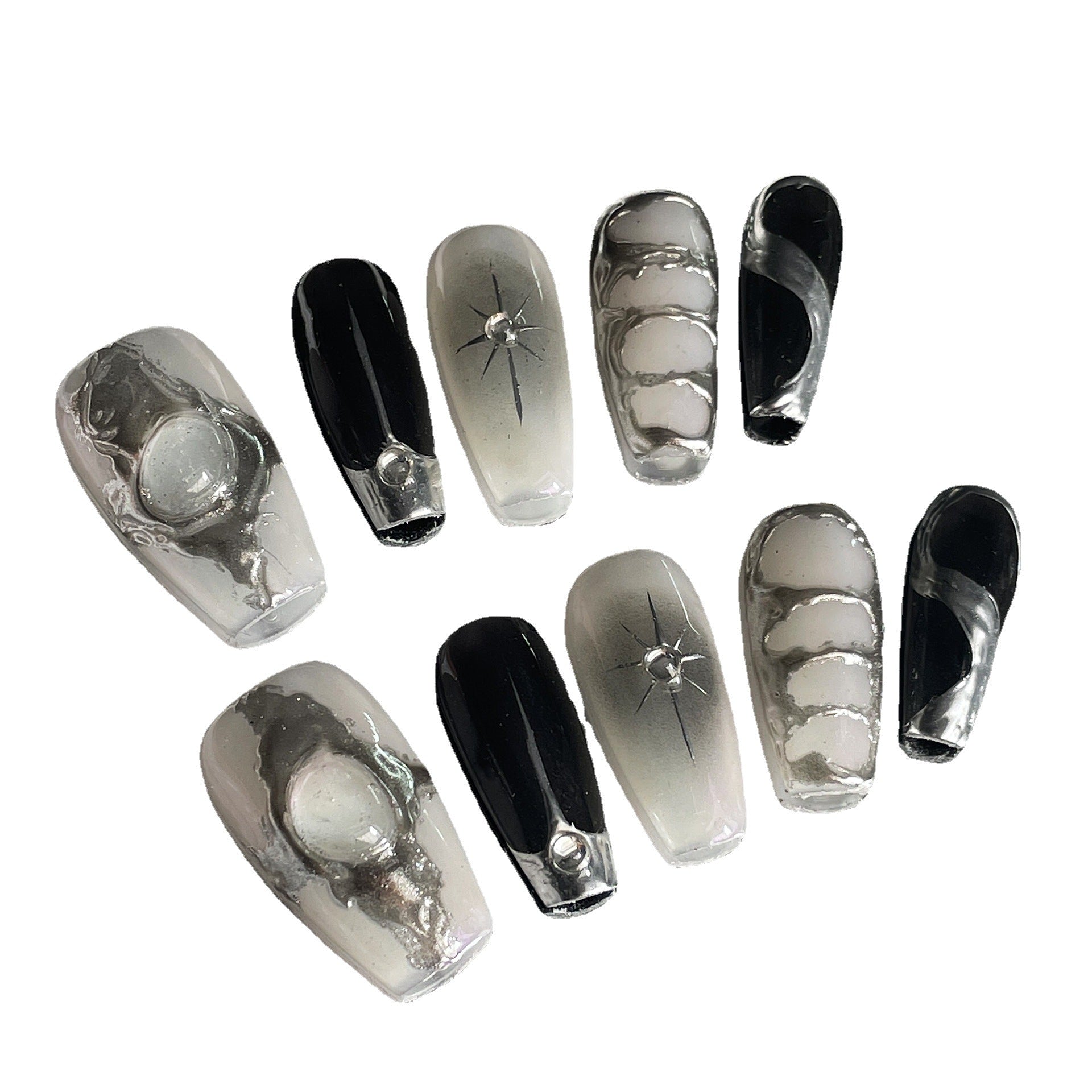 Unhas postiças de metal tridimensionais com espelho mágico em pó, pintadas à mão, com acabamento em unhas postiças, estilo 365nails