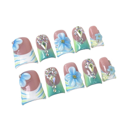 Uñas de pico de pato transparentes con diseño de flor azul tridimensional francesa pintadas a mano, parches personalizados para uñas a presión, totalmente hechos a mano｜365nails