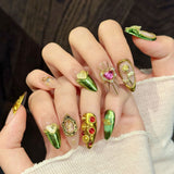 Green Gold Vintage Gem Heart Baroque Luxury Press On Nails