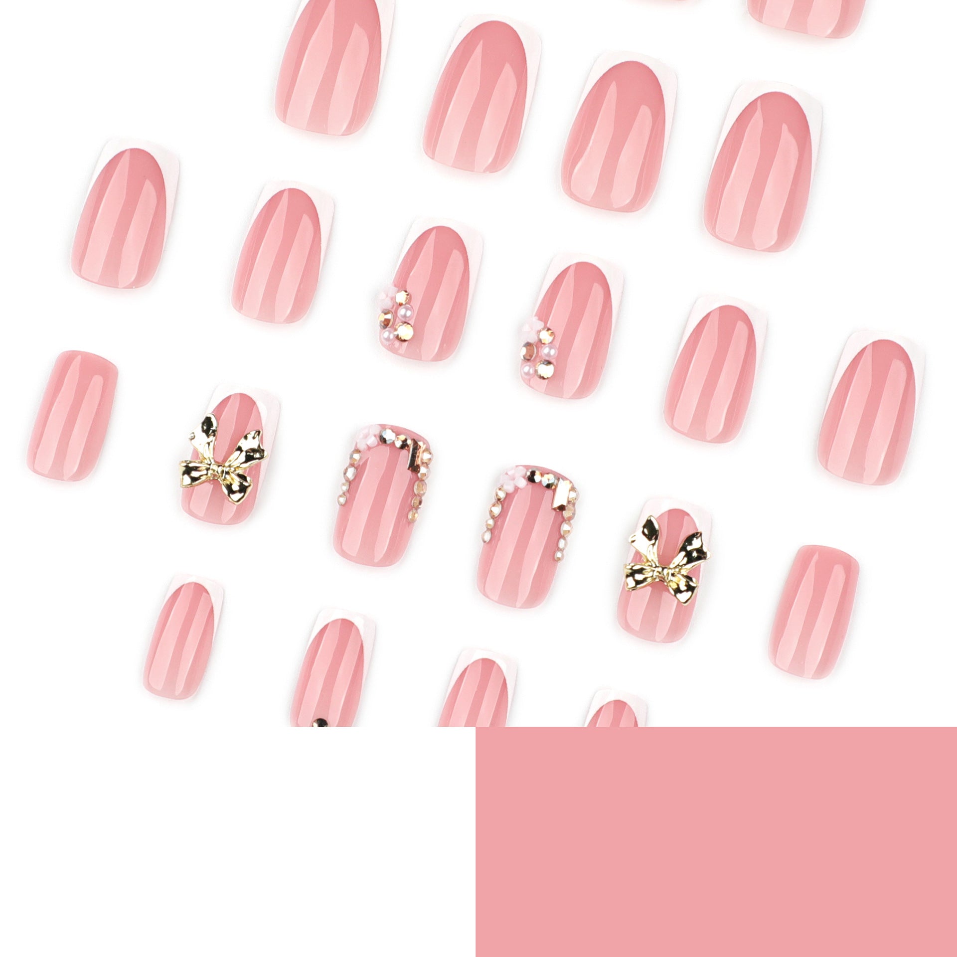 French Square Press On Nails with Gold Bow & Rhinestone Accents