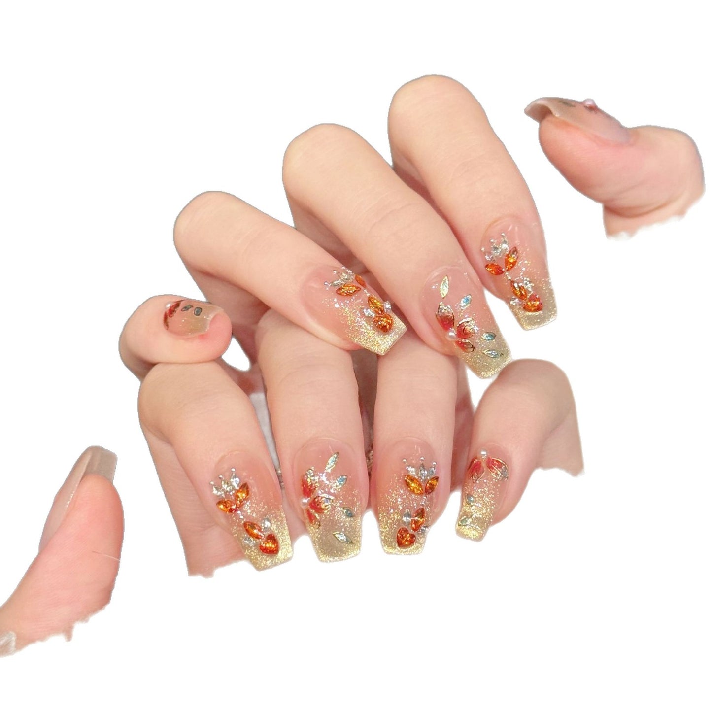 Peach Gold Glitter Floral Crystal Press On Nails