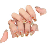 Peach Gold Glitter Floral Crystal Press On Nails