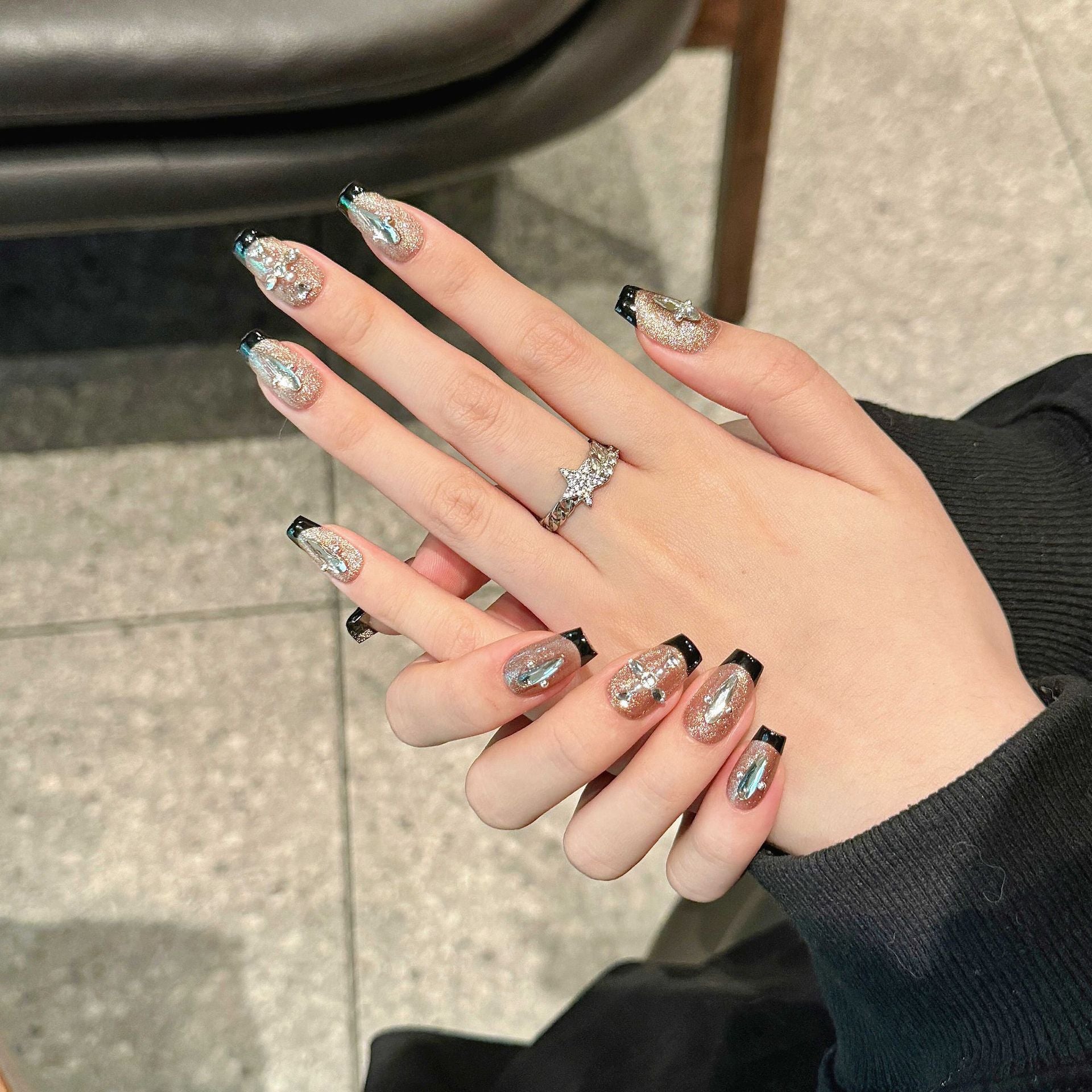 365nails: "Midnight Shimmer" – French Tip Handmade Short Coffin Nails