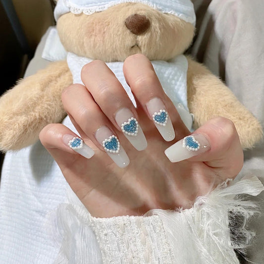 Glitter Blue Heart Full of Pearls Wear Nail Art Finished Fake Nail Nail Art Patch Nail Patch Removable Nail Patch｜365nails