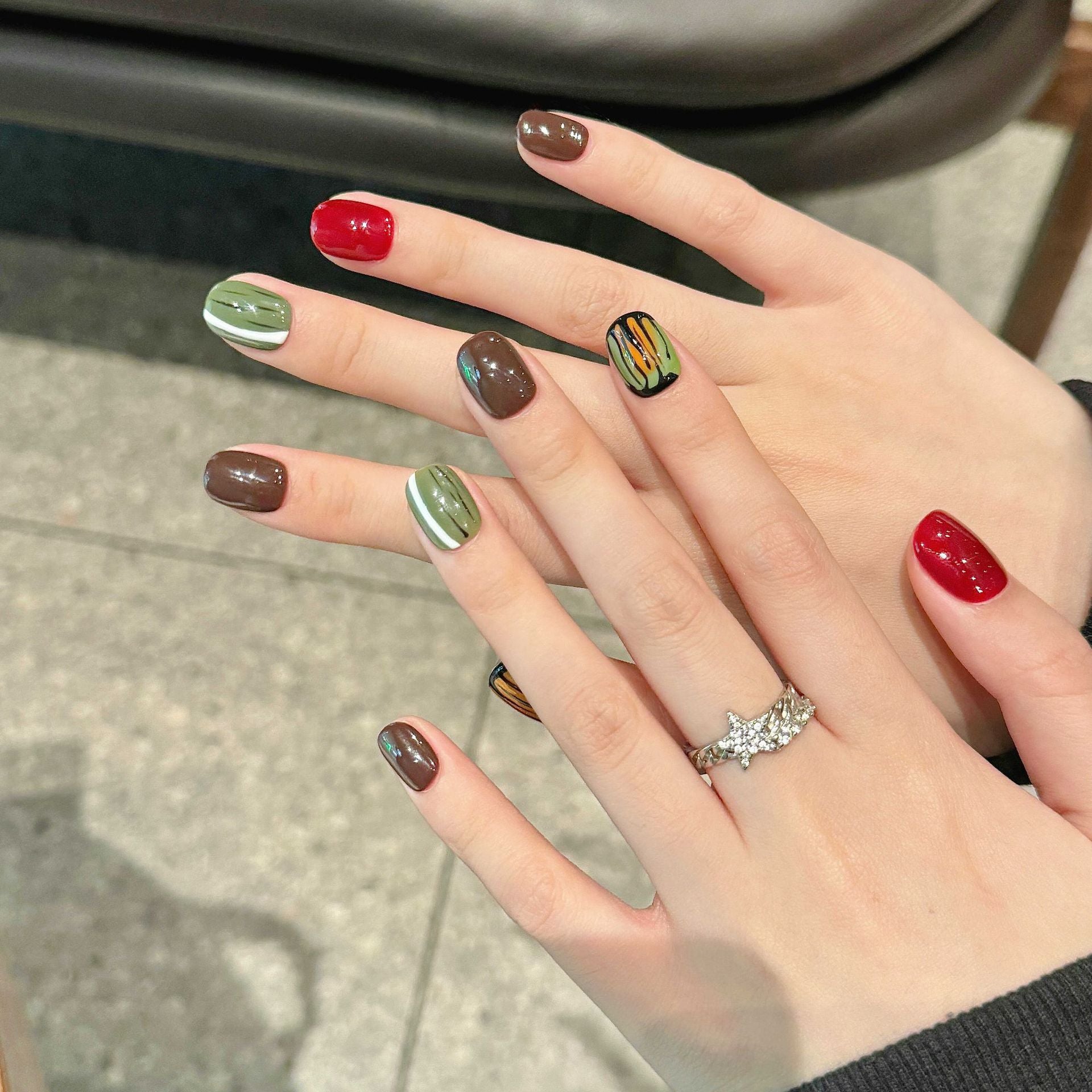 365nails: "Autumn Stripes" – Hand-Painted Geometric Handmade Short Square Nails