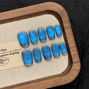 365nails: "Sapphire Galaxy" – Cat-Eye Glitter & Silver French Tip Handmade Short Square Nails