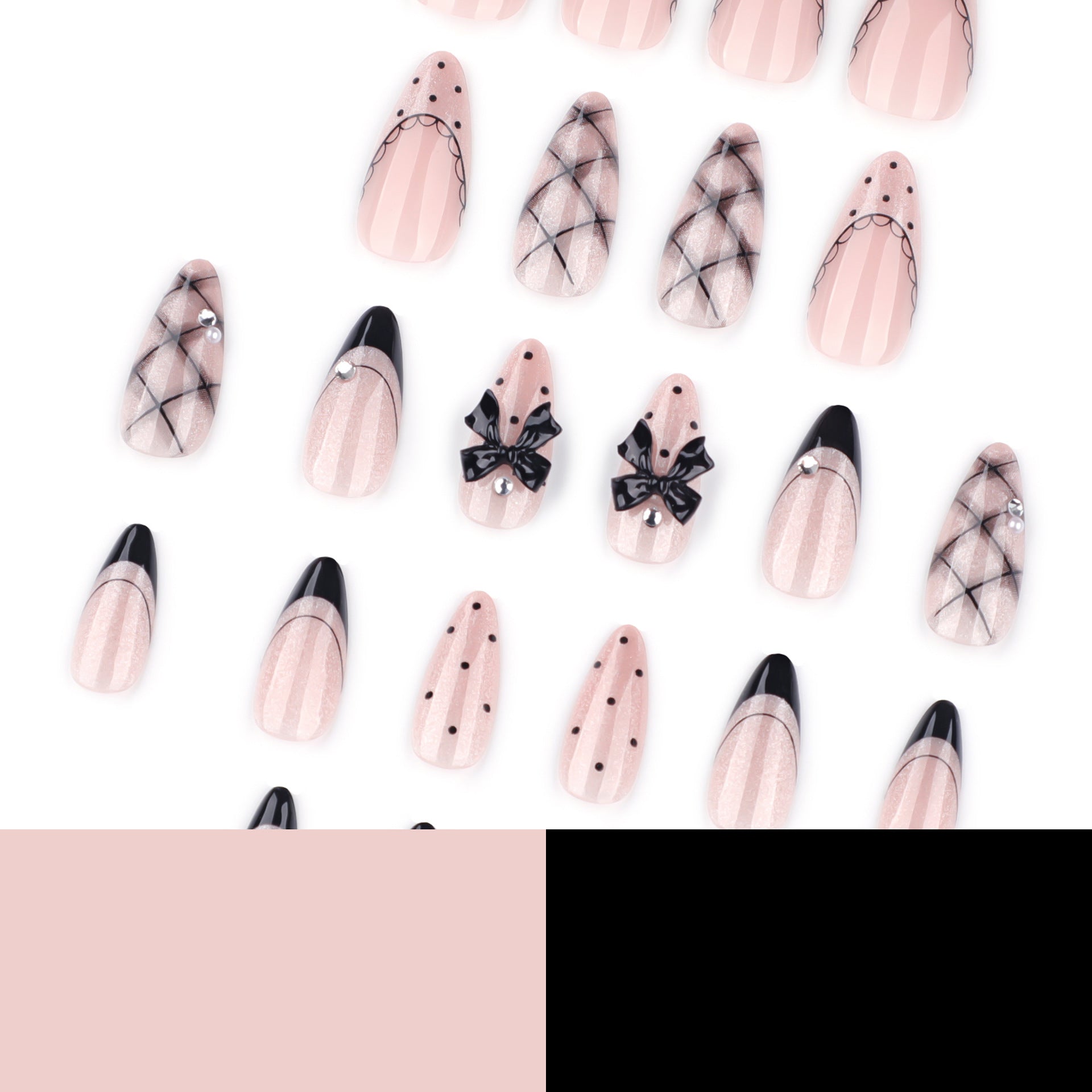 Short Almond Press On Nails with Black Bows & Glitter Web Design