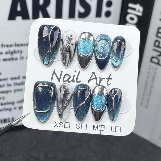 Handmade Press-on Nails Spice girl cat eye nail art smudge metal wind personalized fake nails   almond nail｜365nails