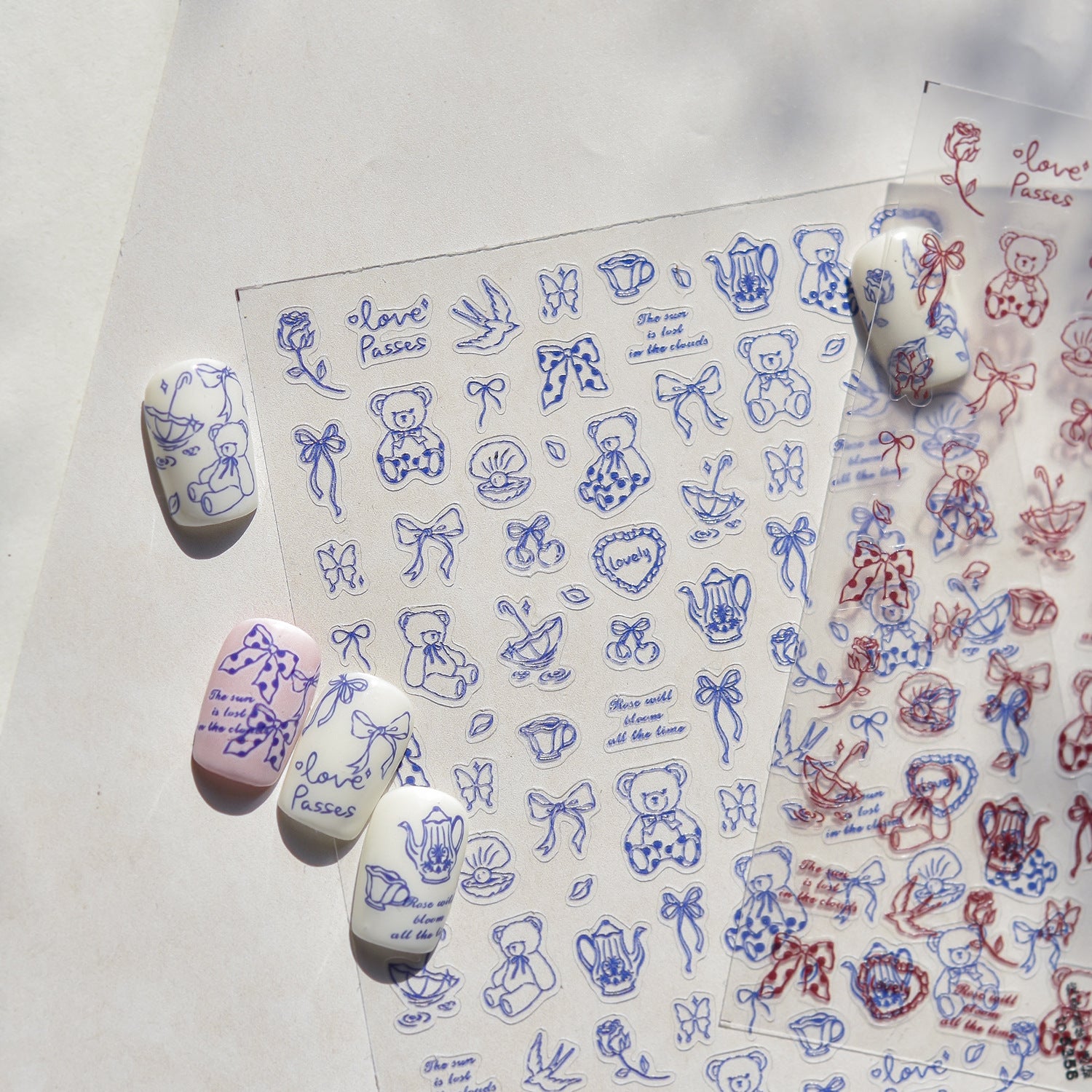 Vintage Teddy Bear: "Red Line Art" – 3D Embossed Nail Sticker