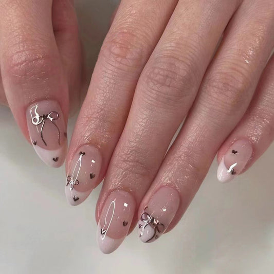 Wear nail pieces French pink nail art bow love fake nails  Internet celebrity nail art pieces wholesale｜365nails