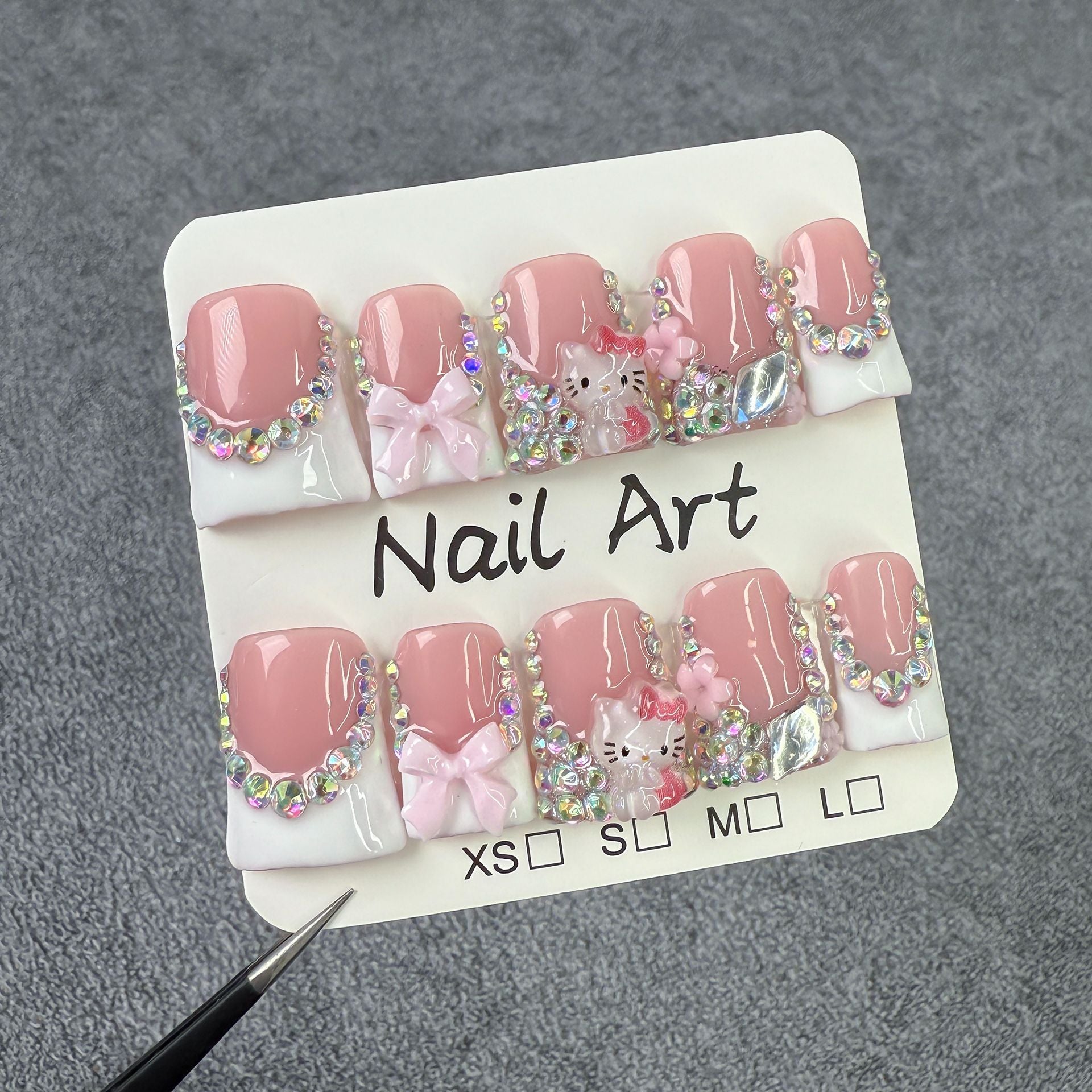 sweet bow cute KT cat  Duckbill Shape nail ice through French flash Handmade Press-on Nails fake nails｜365nails