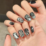 Black Silver Cat-Eye Luxury Floral Press On Nails
