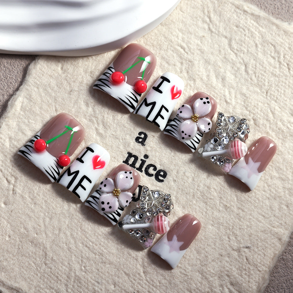 Cute Cherry Letter Star Embellished Press On Nails
