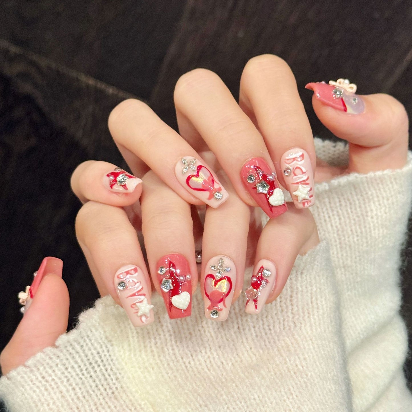 Cute Pink Heart Bow Star Valentine Style Press Nails