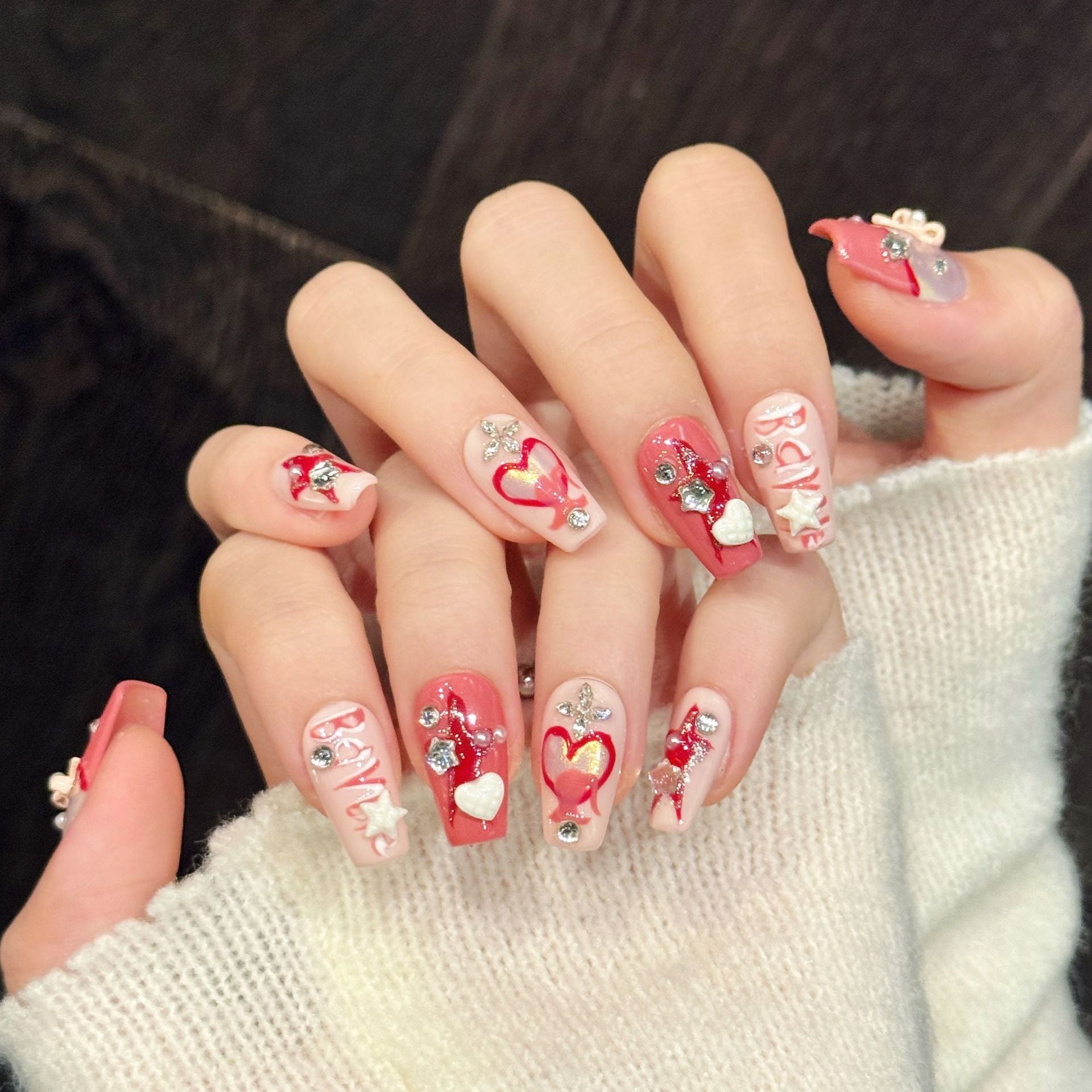 Cute Pink Heart Bow Star Valentine Style Press Nails