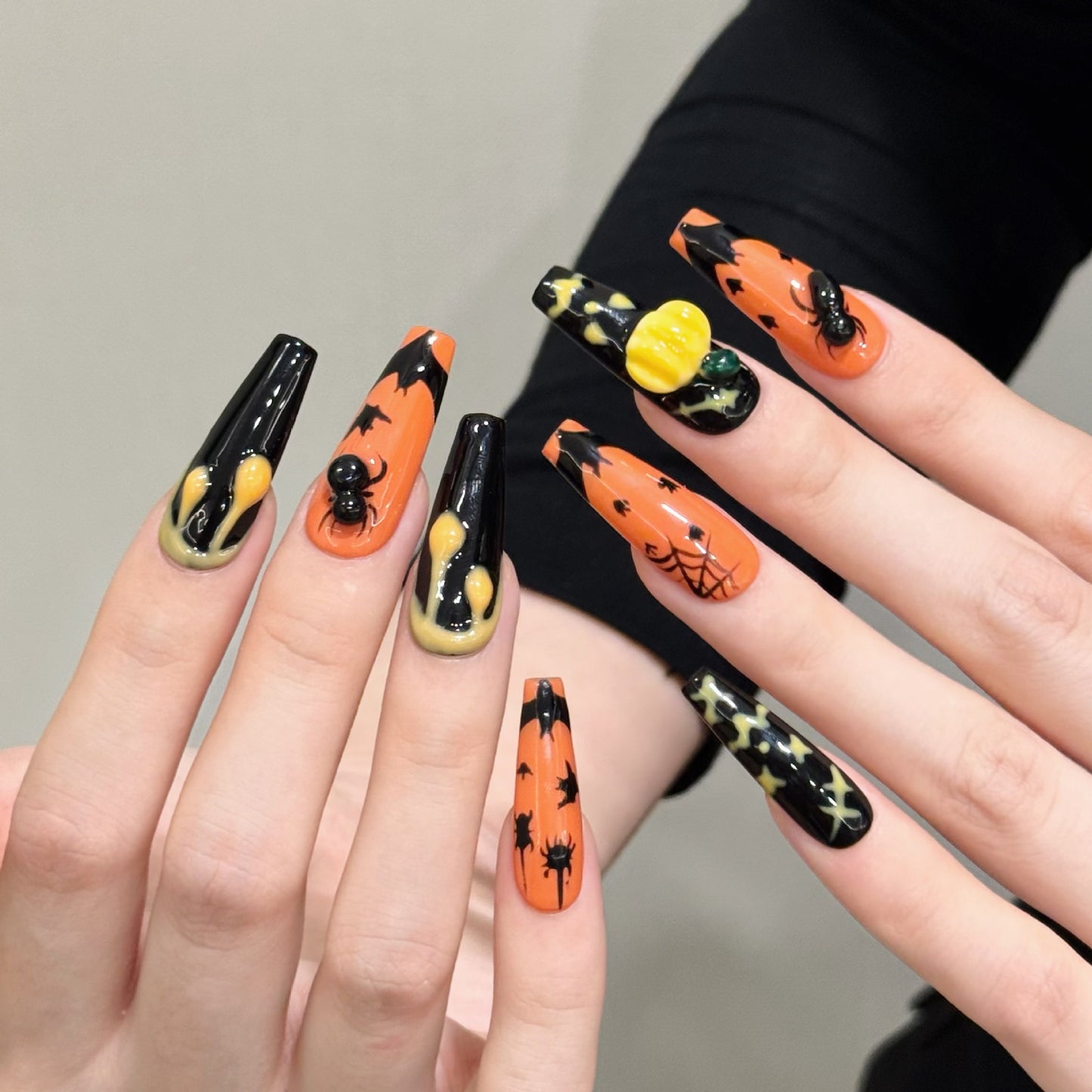 Halloween Pumpkin Spider Black Orange Press On Nails