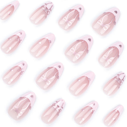 Wear nail pieces French pink nail art bow love fake nails  Internet celebrity nail art pieces wholesale｜365nails
