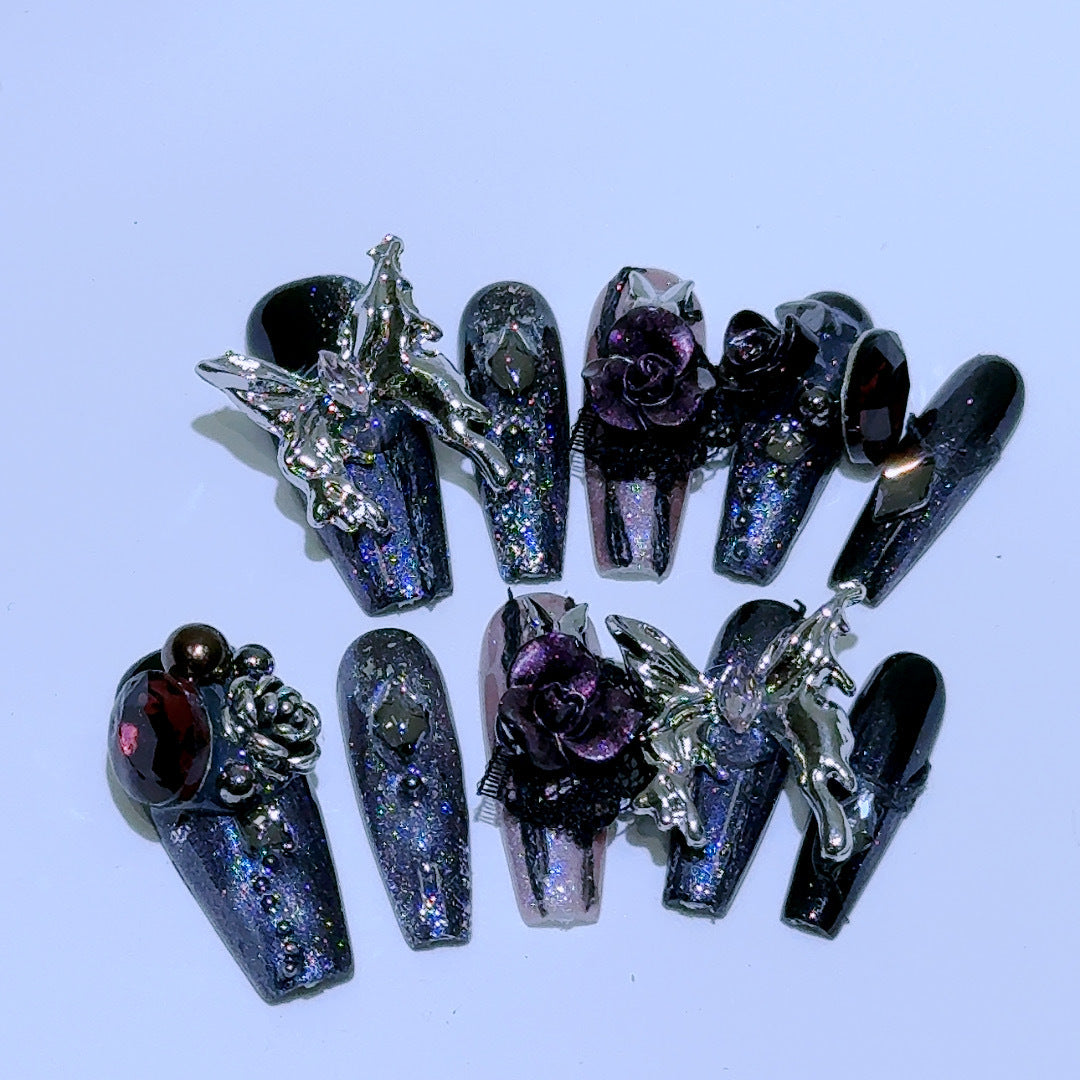 Gothic Press-On Nails with Dark Roses and Silver Dragon Charms