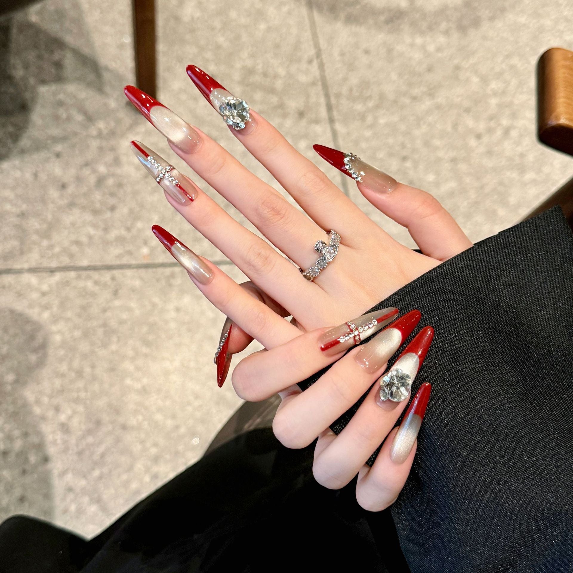 365nails: "Crimson Royalty" – 3D Diamond French Handmade Stiletto Nails