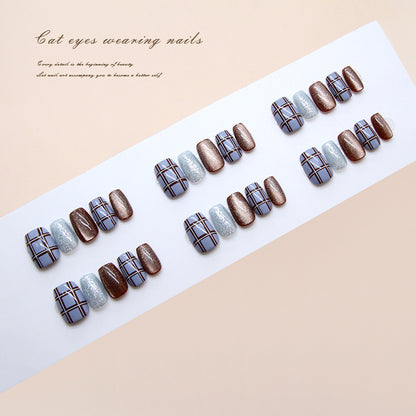 Nail Tips  prefabricated nail retro blue-brown contrasting color plaid fine flash cat eye removable nail patch 30 pieces｜365nails