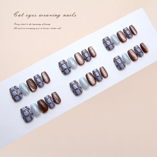 Nail Tips  prefabricated nail retro blue-brown contrasting color plaid fine flash cat eye removable nail patch 30 pieces｜365nails