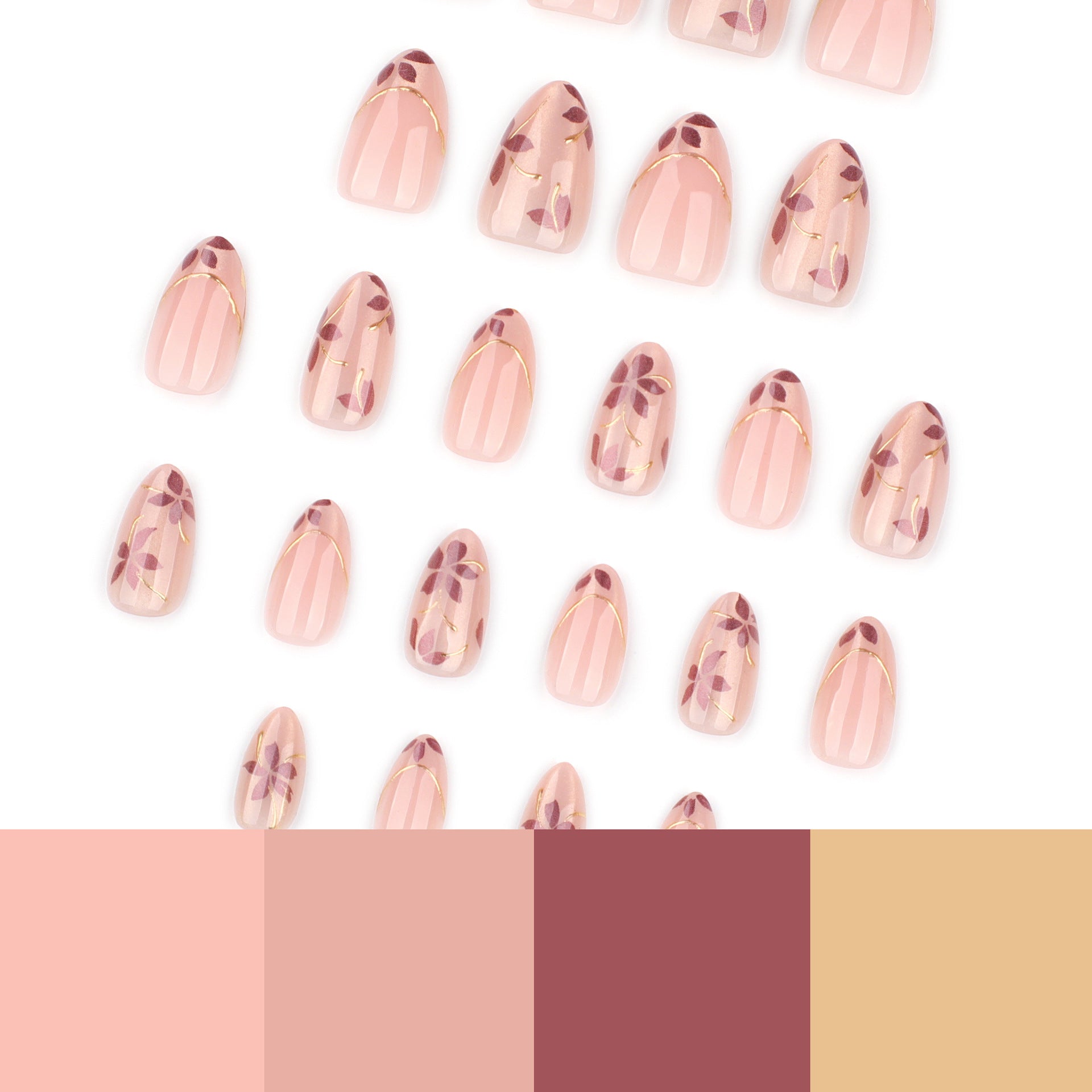 365nails: "Rose Gold Floral Almond" – Nude Press-on Nails with Gold Accents