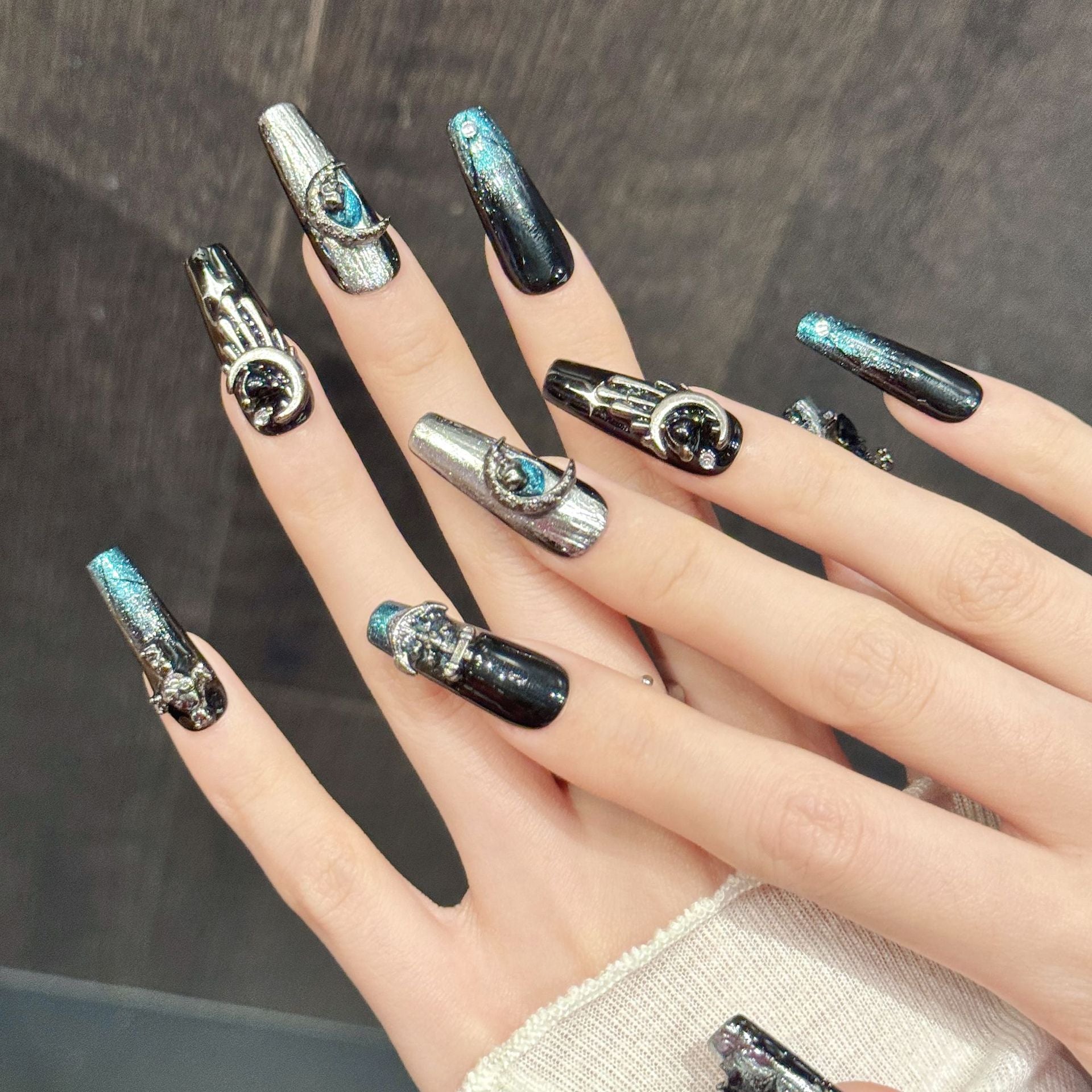 Silver Black Moon Snake Cosmic Gothic Nails