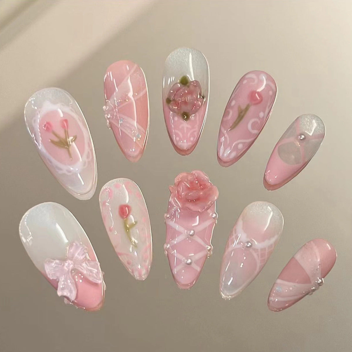 Pó de manicure francesa fofa para meninas, flores tridimensionais, unhas postiças com fita de tulipa, produto acabado, atacado ｜ 365nails