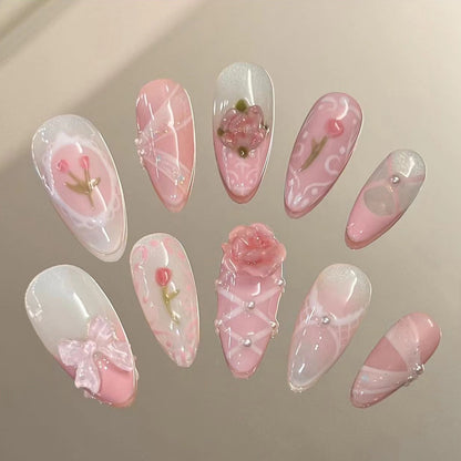 Pó de manicure francesa fofa para meninas, flores tridimensionais, unhas postiças com fita de tulipa, produto acabado, atacado ｜ 365nails