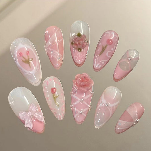 French cute girl powder manicure three-dimensional flower press on nails tulip ribbon fake nail nail piece finished product wholesale｜365nails