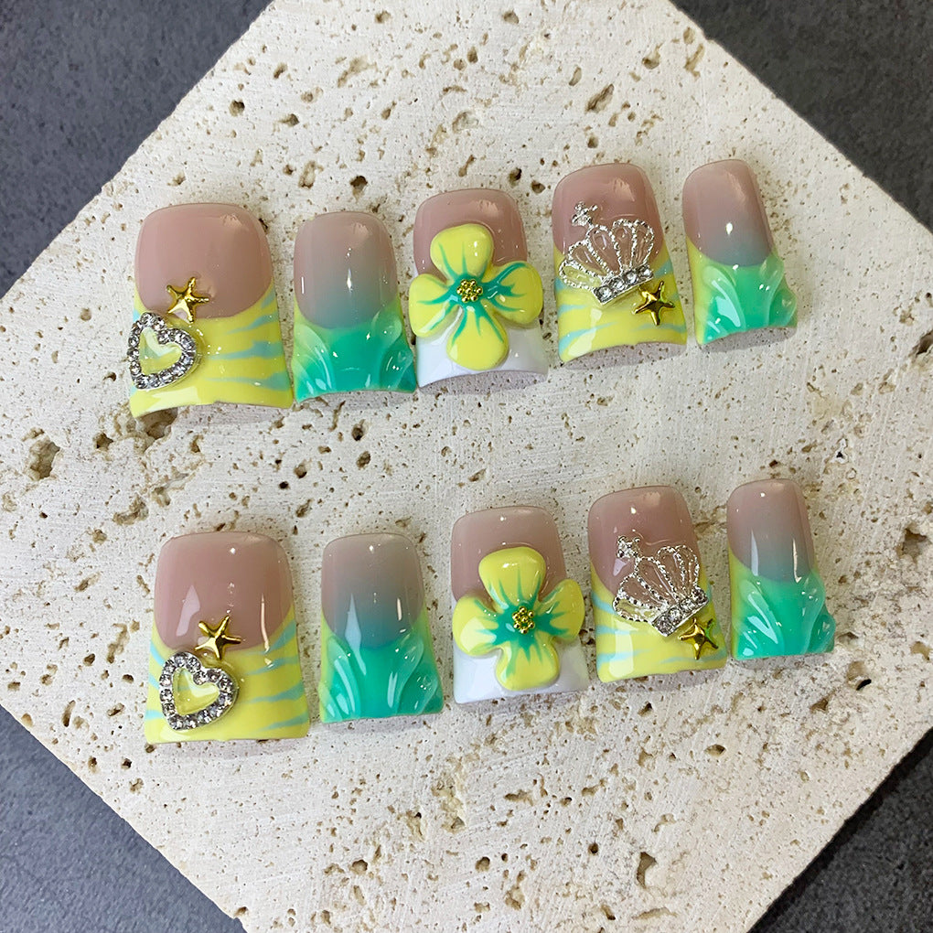 Green Yellow French Nails with Floral and Crown Charms