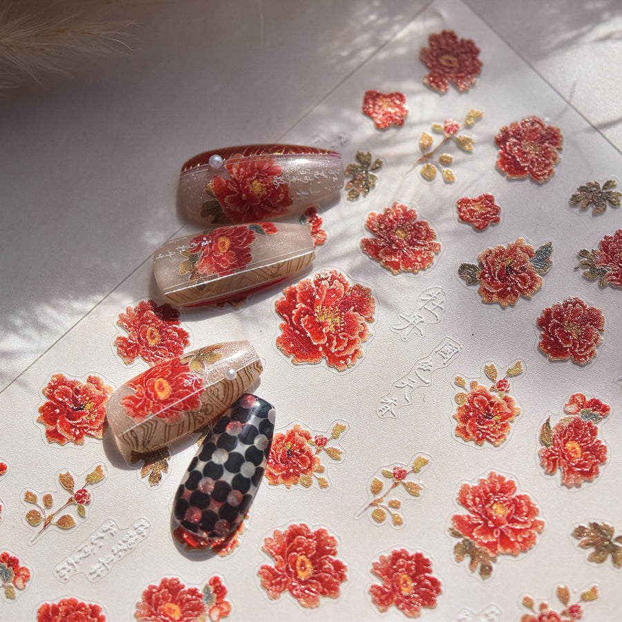 Red Peony & Chinese Calligraphy: "Elegant Oriental Peony" – 5D Embossed Nail Sticker