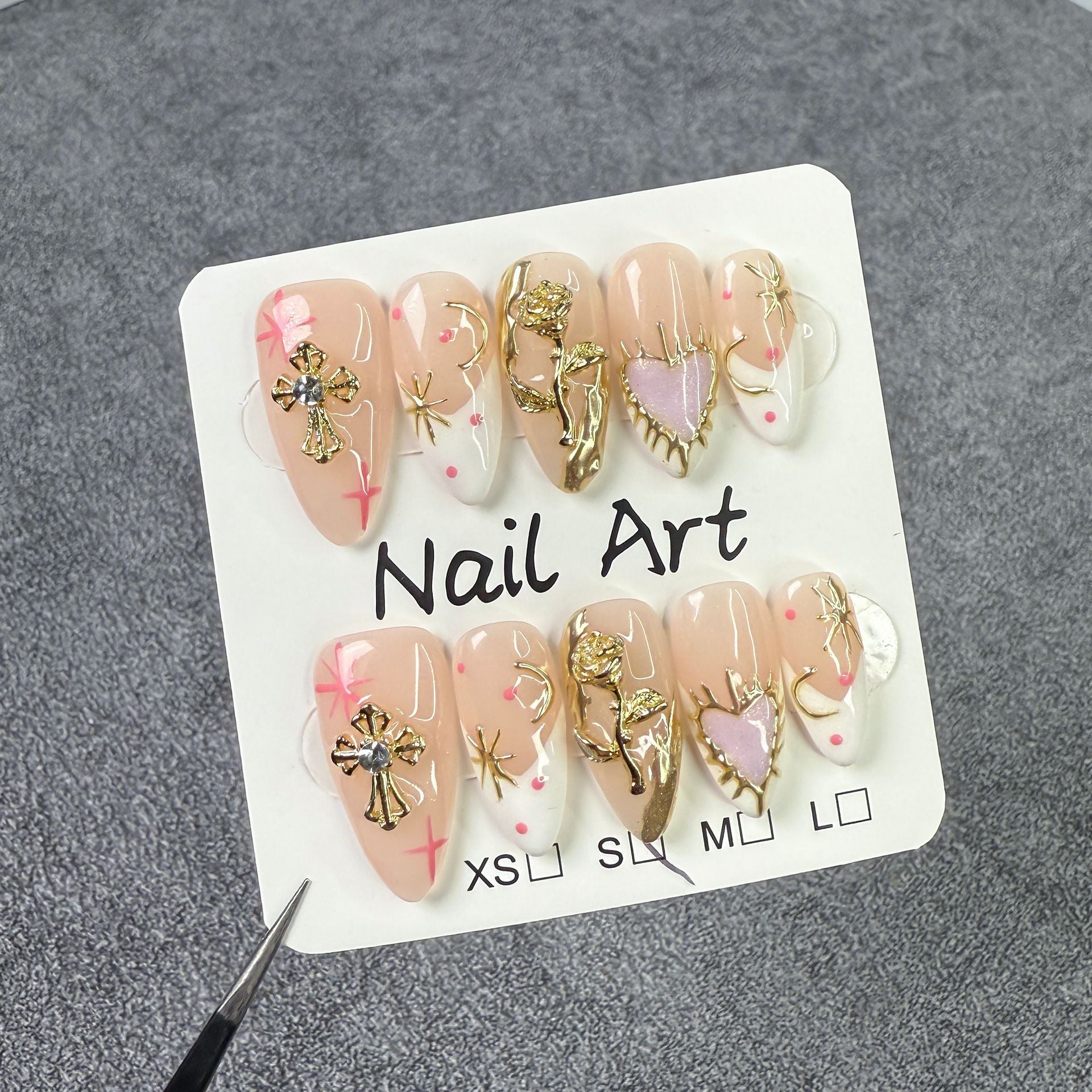 Ice through  almond nail art French hand-painted metal relief white handmade press-on nails｜365nails
