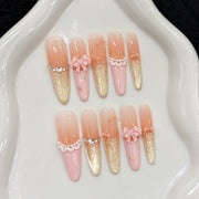 365nails: "Golden Hour Romance" – 3D Bow & Pearl Handmade Long Coffin Nails